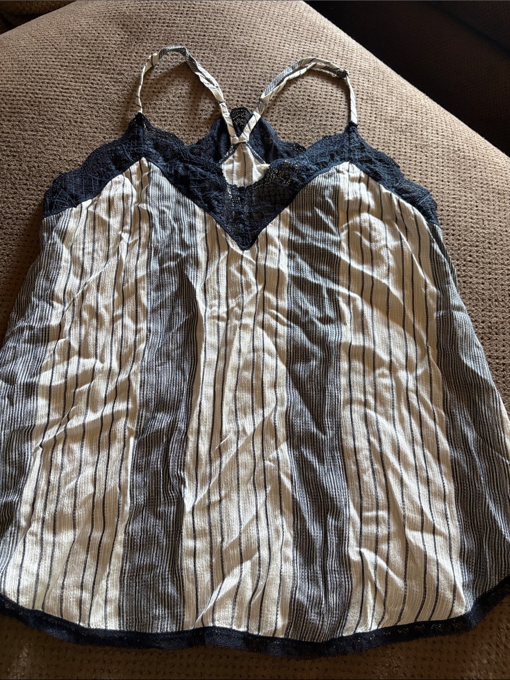 Love Stitch Black and Cream Striped Lace-Trim Tank Top